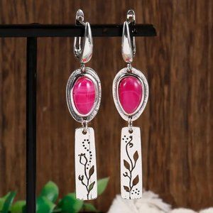 Vintage Boho Pink Gemstone Silver Drop Dangle Earrings